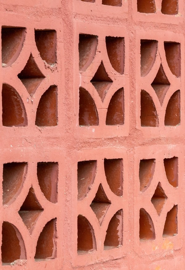 Angled view of pink breezeblocks